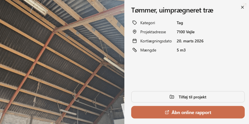 Eksempel på materialedetaljekort - tømmer med kategori, mængde og projektinfo